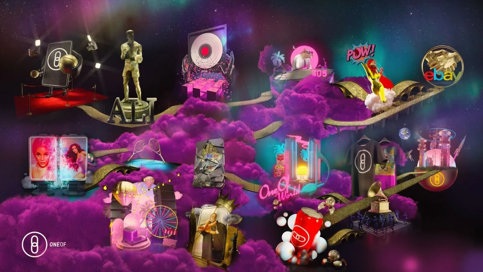 OneOf's Art Basel week artwork, a purple dreamscape of music icons