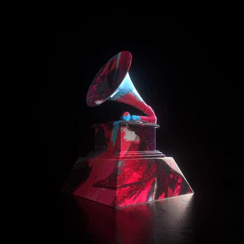 An animated Grammy gramophone trophy in red and black