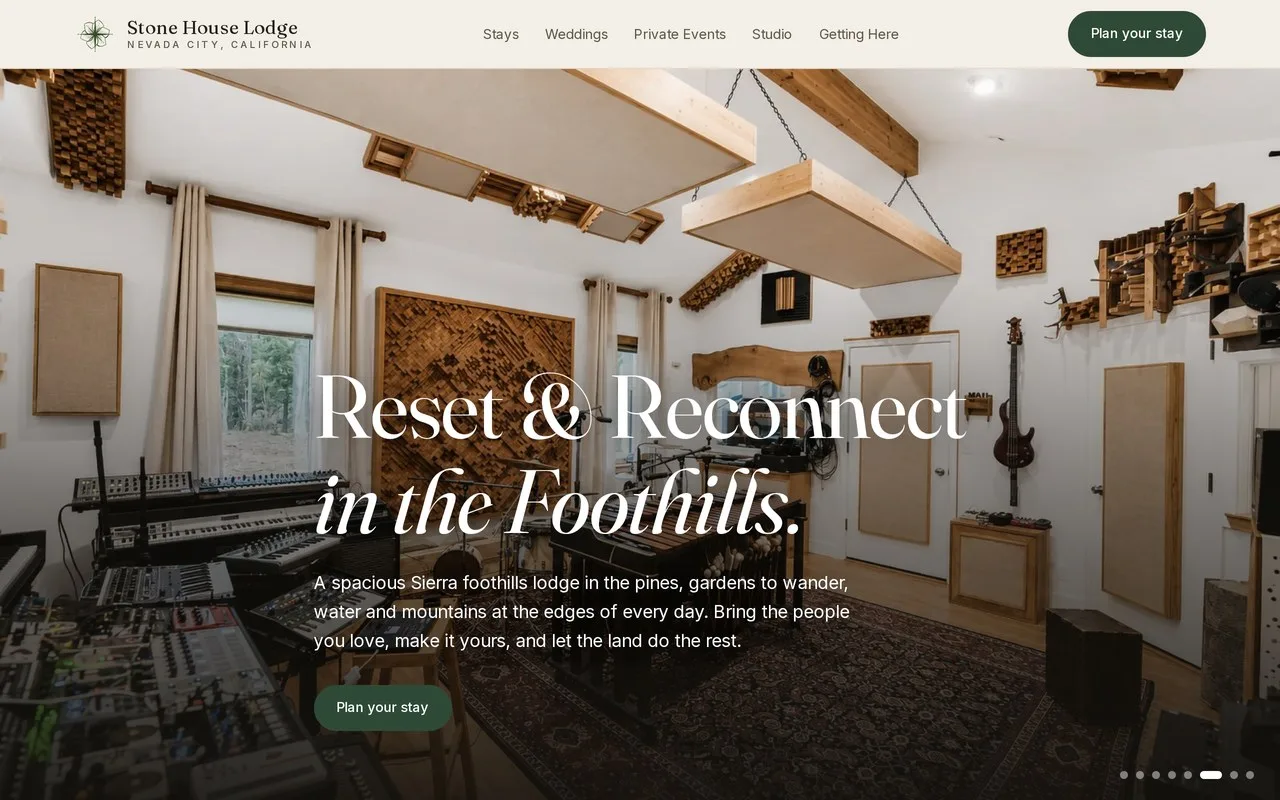 Stone House Lodge homepage showing the recording studio